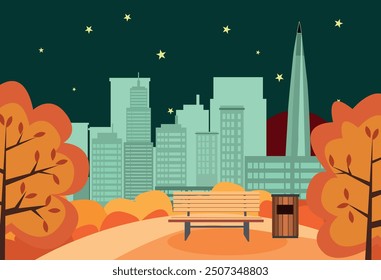 A background image of urban buildings, and an autumn park with a bench.