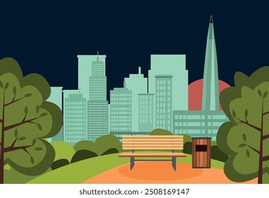 A background image of urban buildings, and a summer park with a bench.