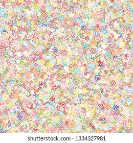 Background image using Korean language(Hangul,Hangeul) alphabet in various colors. Repeated arrangement of characters of various sizes and angles. Background for fabric, textile, wrapping design.
