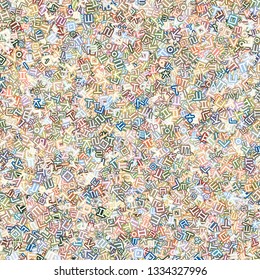 Background image using Korean language(Hangul,Hangeul) alphabet in various colors. Repeated arrangement of characters of various sizes and angles. Background for fabric, textile, wrapping design.