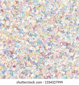 Background image using Korean language(Hangul,Hangeul) alphabet in various colors. Repeated arrangement of characters of various sizes and angles. Background for fabric, textile, wrapping design.