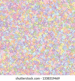 Background image using Korean language(Hangul,Hangeul) alphabet in various colors. Repeated arrangement of characters of various sizes and angles. Background for fabric, textile, wrapping design.