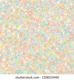 Background image using Korean language(Hangul,Hangeul) alphabet in various colors. Repeated arrangement of characters of various sizes and angles. Background for fabric, textile, wrapping design.