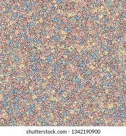 Background image using Korean language(Hangul,Hangeul) alphabet in various colors. Repeated arrangement of characters of various sizes and angles. Background for fabric, textile, wrapping design.