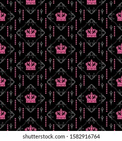 Background image. Wallpaper texture. Colors: black, pink, silver. Vintage seamless pattern. Vector graphic.