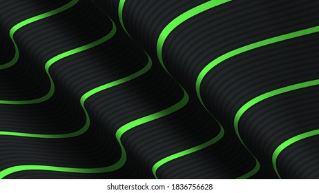 Background with image of wavy striped fabric with shadows and highlights. Black and green colors