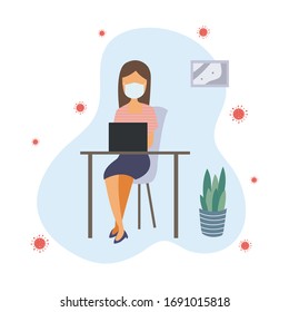 Background image Woman sitting at work detained at home While wearing a surgical mask To prevent the spread of COVID-19, the concept of protecting yourself and those around you. Vector illustration