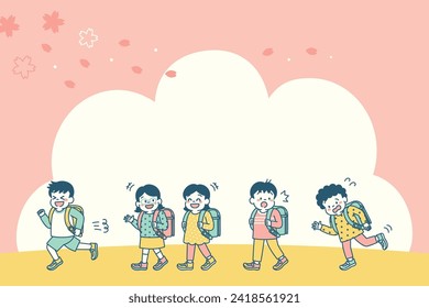 Imágenes de fondo de estudiantes de primaria que van a la escuela bajo flores de cerezo