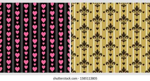 Background images. Modern style. Set of 2 templates for your design, wallpaper texture. Seamless pattern. Colors: gold, black, pink. Vector illustration.