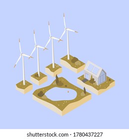 Background  and images of windmills turbine towers and solar batteries vector illustration