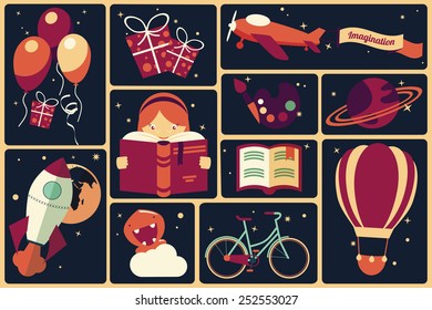 Background with imagination items and a girl reading a book, balloons, rocket ship, space, planets, vector illustration