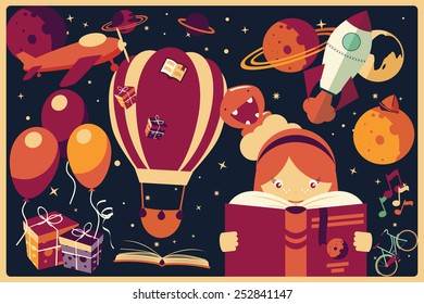 Background with imagination items and a girl reading a book, balloons, rocket ship, space, planets, vector illustration