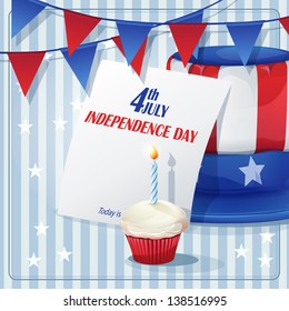 Background to Independence Day on July 4 with flags and caps.