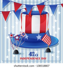 Background to Independence Day on July 4 with flags and caps.