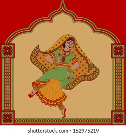 Background with Indian woman dancer dancing and pattern frame