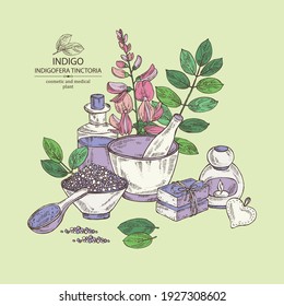 Background with Indigofera tinctoria: plant, flowers and leaves of indigo. Oil, soap and bath salt . Cosmetics and medical plant. Vector hand drawn illustration