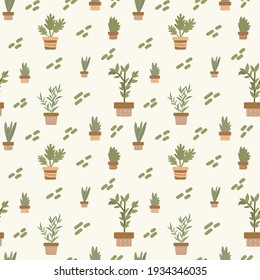 Background of indoor plants. Cartoon flowers and green potted plants. A pattern for textiles drawn by hand. Vector illustration