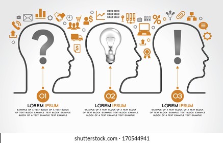 Background infographics with human heads, business icons and text. Business concept - the problem, the idea and success. The file is saved in the version AI10 EPS. This image contains transparency.