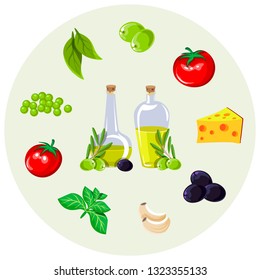Background of ingredients for salad. Vector illustration.