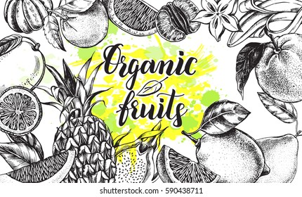 Background with Ink hand drawn citrus, tropical fruits and brush calligraphy style lettering. Template for design leaflets, labels, banners. Vector illustration.