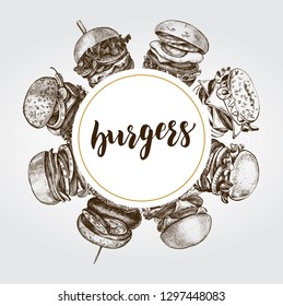 Background with Ink hand drawn  different types of burgers. Food elements collection. Vector illustration with brush calligraphy style lettering.
