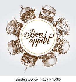 Background with Ink hand drawn  different types of burgers. Food elements collection. Vector illustration with brush calligraphy style lettering.