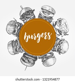 Background with Ink hand drawn  different types of burgers. Food elements collection. Vector illustration with brush calligraphy style lettering.