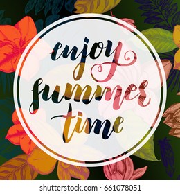 Background with Ink hand drawn exotic tropical flowers, leaves and modern brush calligraphy style lettering. Template for invitations, cards, labels. Vector illustration.