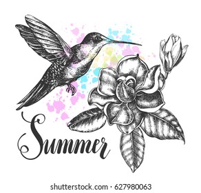 Background with Ink hand drawn flying colibri bird and magnolia flowers with leaves. Template for cards, banners with brush calligraphy style lettering. Vector illustration.