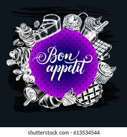 Background with Ink hand drawn food elements - pastry, desserts, hot drinks. Template for design of cards, banners, menu and signboards with brush calligraphy style lettering. Vector illustration.