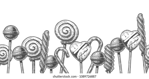Background with ink hand drawn lollipop on white. Seamless pattern stripe. 