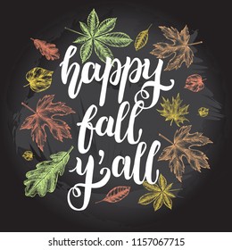 Background with Ink hand drawn maple leaves. Autumn elements composition with brush calligraphy style lettering. Vector illustration.