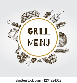 Background with Ink hand drawn meat products and grilled dishes. Food elements collection. Vector illustration.
