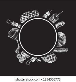 Background with Ink hand drawn meat products and grilled dishes. Food elements collection. Vector illustration.