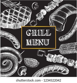 Background with Ink hand drawn meat products and grilled dishes. Food elements collection. Vector illustration.