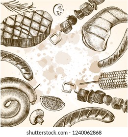 Background with Ink hand drawn meat products and grilled dishes. Food elements collection. Vector illustration.