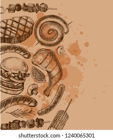 Background with Ink hand drawn meat products and grilled dishes. Food elements collection. Vector illustration.