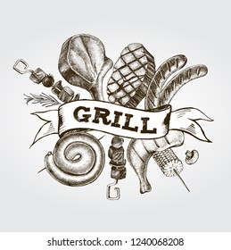 Background with Ink hand drawn meat products and grilled dishes. Food elements collection. Vector illustration.