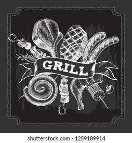 Background with Ink hand drawn meat products and grilled dishes. Food elements collection. Vector illustration.
