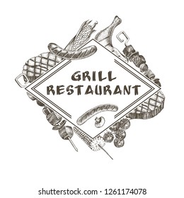 Background with Ink hand drawn meat products and grilled dishes. Food elements collection. Vector illustration.