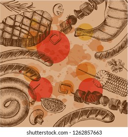 Background with Ink hand drawn meat products and grilled dishes. Food elements collection. Vector illustration.
