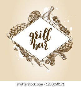 Background with Ink hand drawn meat products and grilled dishes. Food elements collection. Vector illustration with brush calligraphy style lettering.