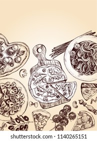 Background with Ink hand drawn products and dishes of Italian cuisine. food elements composition. Vector illustration.