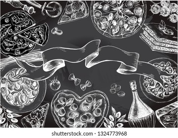 Fundo com produtos desenhados à mão de tinta e pratos da cozinha italiana. composição de elementos alimentares. Ilustração vetorial.