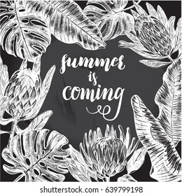 Background with Ink hand drawn protea flowers and tropical leaves. Template for cards, banners, posters with brush calligraphy style lettering. Vector illustration.