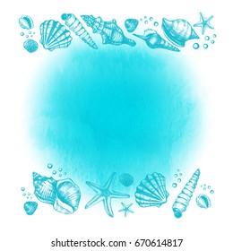 Background with Ink hand drawn seashells, starfish and pebbles. Template for cards, labels, posters, invitations. Vector illustration.