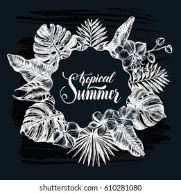 Background with Ink hand drawn tropical elements - Banana leaves, orchid flowers, frangipani, monstera. Template for cards, banners, flyers with brush calligraphy style lettering. Vector illustration.