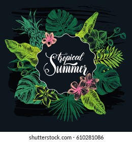 Background with Ink hand drawn tropical elements - Banana leaves, orchid flowers, frangipani, monstera. Template for cards, banners, flyers with brush calligraphy style lettering. Vector illustration.