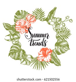 Background with Ink hand drawn tropical elements - Banana leaves, monstera, palm leaves, Hibiscus flowers and orchid. Template for design with brush calligraphy style lettering. Vector illustration.