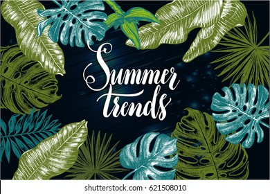 Antecedentes con elementos tropicales dibujados a mano en tinta - hojas y flores de plátano, monstera, hojas de palma. Plantilla para tarjetas, folletos, etiquetas con letras en estilo caligrafía de pincel. Ilustración vectorial.